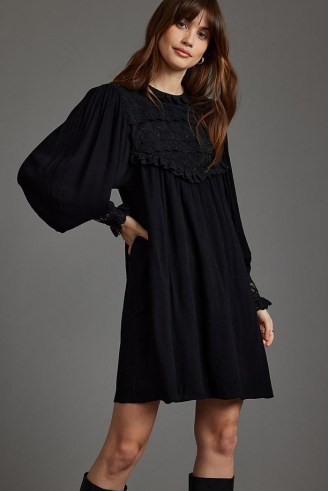 Anthropologie Layered Lace Tunic Mini Dress Black | balloon sleeve dresses