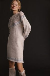 Callahan Puff-Sleeved Knitted Mini Dress Neutral Motif – feminine sweater dresses