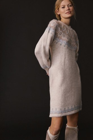 Callahan Puff-Sleeved Knitted Mini Dress Neutral Motif – feminine sweater dresses - flipped