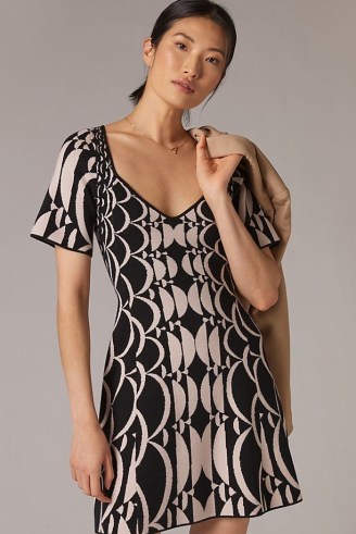 ANTHROPOLOGIE Jacquard Mini Dress Black Motif ~ short sleeve V-neck monochrome dresses - flipped