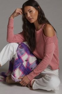 Pilcro Open-Shoulder Sweatshirt in pink ~ casual cotton cold shoulder sweat tops