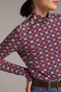 Maeve Button-Shoulder Turtleneck Top Pink Combo ~ womens bold print high neck tops