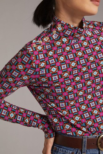 Maeve Button-Shoulder Turtleneck Top Pink Combo ~ womens bold print high neck tops