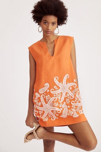 Maeve Embroidered Tunic Dress in Orange / short length sleeveless shift dresses - flipped