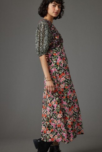 Kachel Mixed Floral Midi Dress / multi print short puff sleeve dresses / empire waist - flipped