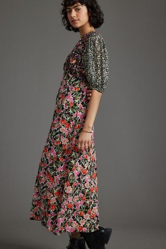 Kachel Mixed Floral Midi Dress / multi print short puff sleeve dresses / empire waist