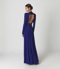 Reiss BAILEY PLUNGE NECK MAXI DRESS COBALT BLUE – open back occasion dresses – plunging neckline cut out detail evening gowns