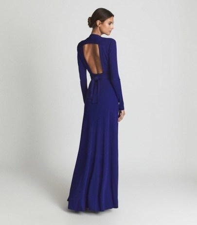 Reiss BAILEY PLUNGE NECK MAXI DRESS COBALT BLUE – open back occasion dresses – plunging neckline cut out detail evening gowns - flipped
