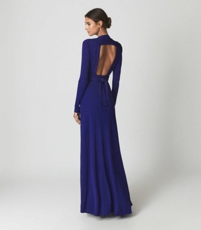 Reiss BAILEY PLUNGE NECK MAXI DRESS COBALT BLUE – open back occasion dresses – plunging neckline cut out detail evening gowns
