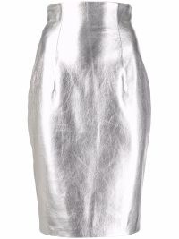 Balmain high-waist metallic knee-length skirt. SILVER LEATHER SKIRTS