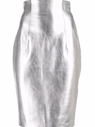 Balmain high-waist metallic knee-length skirt. SILVER LEATHER SKIRTS - flipped