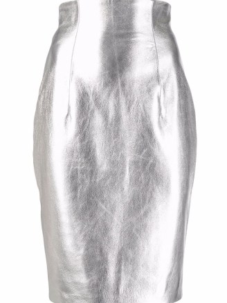 Balmain high-waist metallic knee-length skirt. SILVER LEATHER SKIRTS
