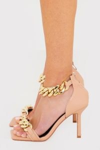 IN THE STYLE BEIGE BARELY THERE WITH CHAIN DETAIL HEELS ~ square to sandals with chunky chains ~ womens glamorous on-trend evening shoes ~ fashionable party footwear
