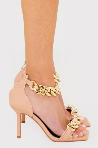 IN THE STYLE BEIGE BARELY THERE WITH CHAIN DETAIL HEELS ~ square to sandals with chunky chains ~ womens glamorous on-trend evening shoes ~ fashionable party footwear - flipped