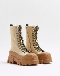 RIVER ISLAND BEIGE CANVAS CHUNKY BOOTS ~ womens neutral combat boots ~ women’s thick sole footwear ~ lace up