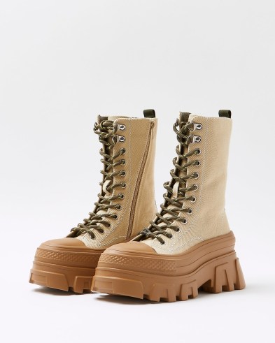 RIVER ISLAND BEIGE CANVAS CHUNKY BOOTS ~ womens neutral combat boots ~ women’s thick sole footwear ~ lace up - flipped