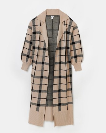RIVER ISLAND BEIGE CHECK LONGLINE CARDIGAN / checked long length open front cardigans - flipped