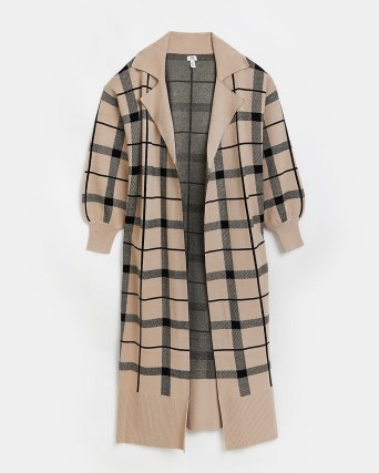 RIVER ISLAND BEIGE CHECK LONGLINE CARDIGAN / checked long length open front cardigans