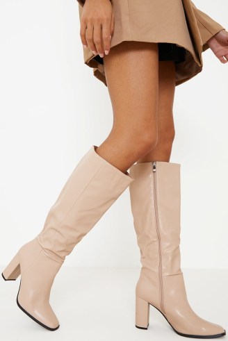 IN THE STYLE BEIGE KNEE HIGH BLOCK HEELED BOOTS - flipped