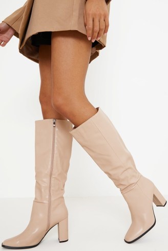 IN THE STYLE BEIGE KNEE HIGH BLOCK HEELED BOOTS
