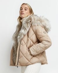 RIVER ISLAND BEIGE QUILTED PUFFER COAT ~ womens winter padded faux fur trimmed coats