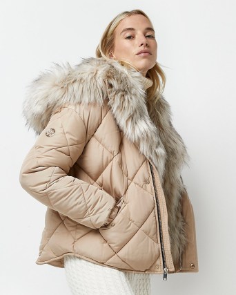 RIVER ISLAND BEIGE QUILTED PUFFER COAT ~ womens winter padded faux fur trimmed coats - flipped
