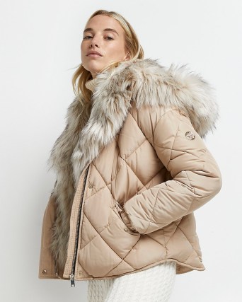 RIVER ISLAND BEIGE QUILTED PUFFER COAT ~ womens winter padded faux fur trimmed coats