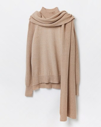 River Island BEIGE RIBBED SCARF JUMPER | chic neutral knits | womens on-trend high neck jumpers - flipped