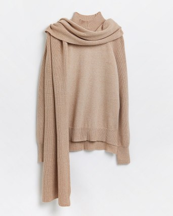 River Island BEIGE RIBBED SCARF JUMPER | chic neutral knits | womens on-trend high neck jumpers