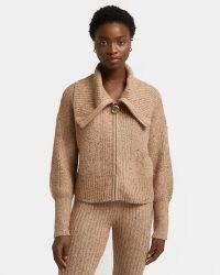 River Island BEIGE RIBBED ZIP UP CARDIGAN | womens chunky knits | women’s front zipped oversized collar jumpers | neutral knitwear