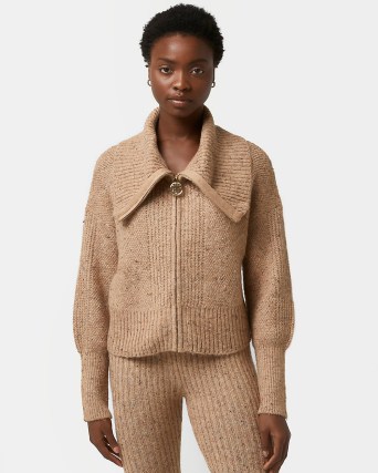 River Island BEIGE RIBBED ZIP UP CARDIGAN | womens chunky knits | women’s front zipped oversized collar jumpers | neutral knitwear - flipped