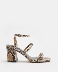 RIVER ISLAND BEIGE WIDE FIT SNAKE BLOCK HEELED SANDALS / strappy reptile print square toe sandal / chunky heels