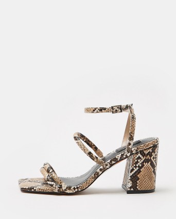 RIVER ISLAND BEIGE WIDE FIT SNAKE BLOCK HEELED SANDALS / strappy reptile print square toe sandal / chunky heels - flipped