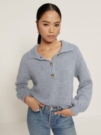 Reformation Belvedere Oversized Sweater in Blue | womens henley neck sweaters | women’s collared neckline jumpers