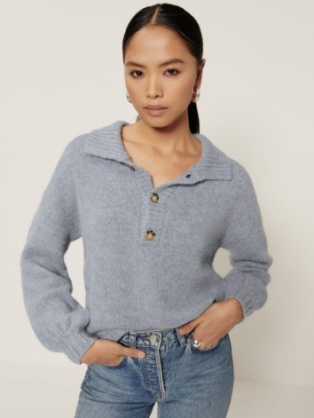 Reformation Belvedere Oversized Sweater in Blue | womens henley neck sweaters | women’s collared neckline jumpers - flipped