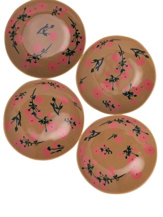 Bernadette floral-print ceramic pasta bowl in pink blosson / brown ~ set of four floral print bowls - flipped
