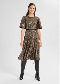 HOBBS BETSEY SEQUIN DRESS in METALLIC / sequinned fluted sleeve fit and flare party dresses / womens sparkly occasion fashion