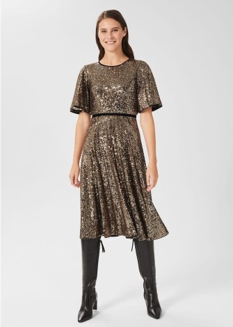 HOBBS BETSEY SEQUIN DRESS in METALLIC / sequinned fluted sleeve fit and flare party dresses / womens sparkly occasion fashion - flipped