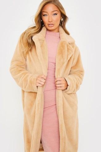 BILLIE FAIERS CAMEL FAUX FUR TIE WAIST LONG COAT ~ glamorous light brown winter coats ~ womens celebrity inspired outerwear - flipped