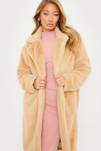 BILLIE FAIERS CAMEL FAUX FUR TIE WAIST LONG COAT ~ glamorous light brown winter coats ~ womens celebrity inspired outerwear