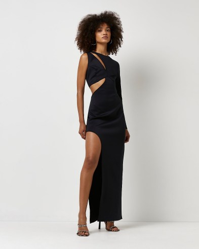 River Island BLACK ASYMMETRIC CUT OUT BODYCON DRESS – glanorous evening fashion – cutout maxi dresses – party glamour - flipped