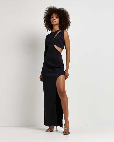 River Island BLACK ASYMMETRIC CUT OUT BODYCON DRESS – glanorous evening fashion – cutout maxi dresses – party glamour