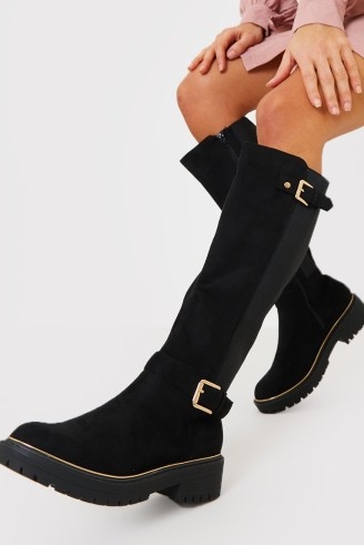 IN THE STYLE BLACK BUCKLE DETAIL MID CALF BOOTS