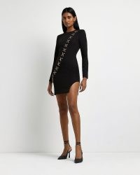 RIVER ISLAND BLACK CHAIN DETAIL BODYCON DRESS ~ split hem LBD ~ fitted mini length party dresses