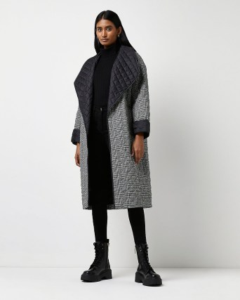 RIVER ISLAND BLACK CHECK PRINT HYBRID COAT / womens longline checked winter coats / women’s quilted outerwear - flipped