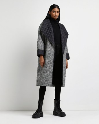 RIVER ISLAND BLACK CHECK PRINT HYBRID COAT / womens longline checked winter coats / women’s quilted outerwear