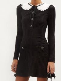 SELF-PORTRAIT Chelsea-collar ribbed lamé-knit dress in black ~ metallic thread rib knit dresses ~ knitted LBD