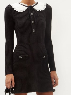 SELF-PORTRAIT Chelsea-collar ribbed lamé-knit dress in black ~ metallic thread rib knit dresses ~ knitted LBD - flipped