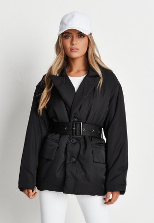 MISSGUIDED black collared belted puffer jacket ~ on-trend padded jackets ~ womens fashionable outerwear - flipped