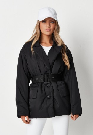 MISSGUIDED black collared belted puffer jacket ~ on-trend padded jackets ~ womens fashionable outerwear